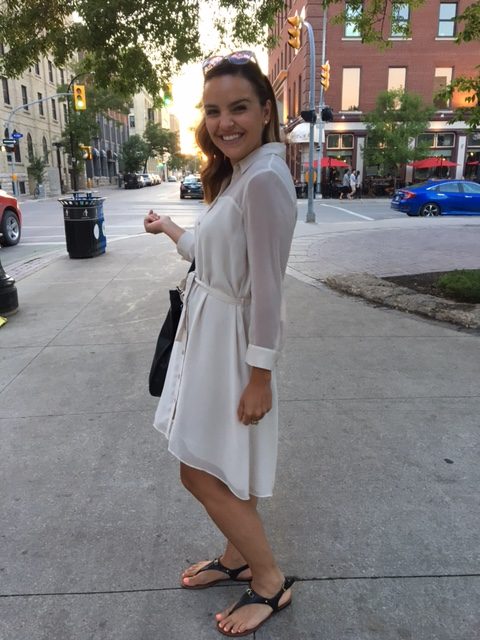 Kelly in sheer gown on Manitoba sidewalk