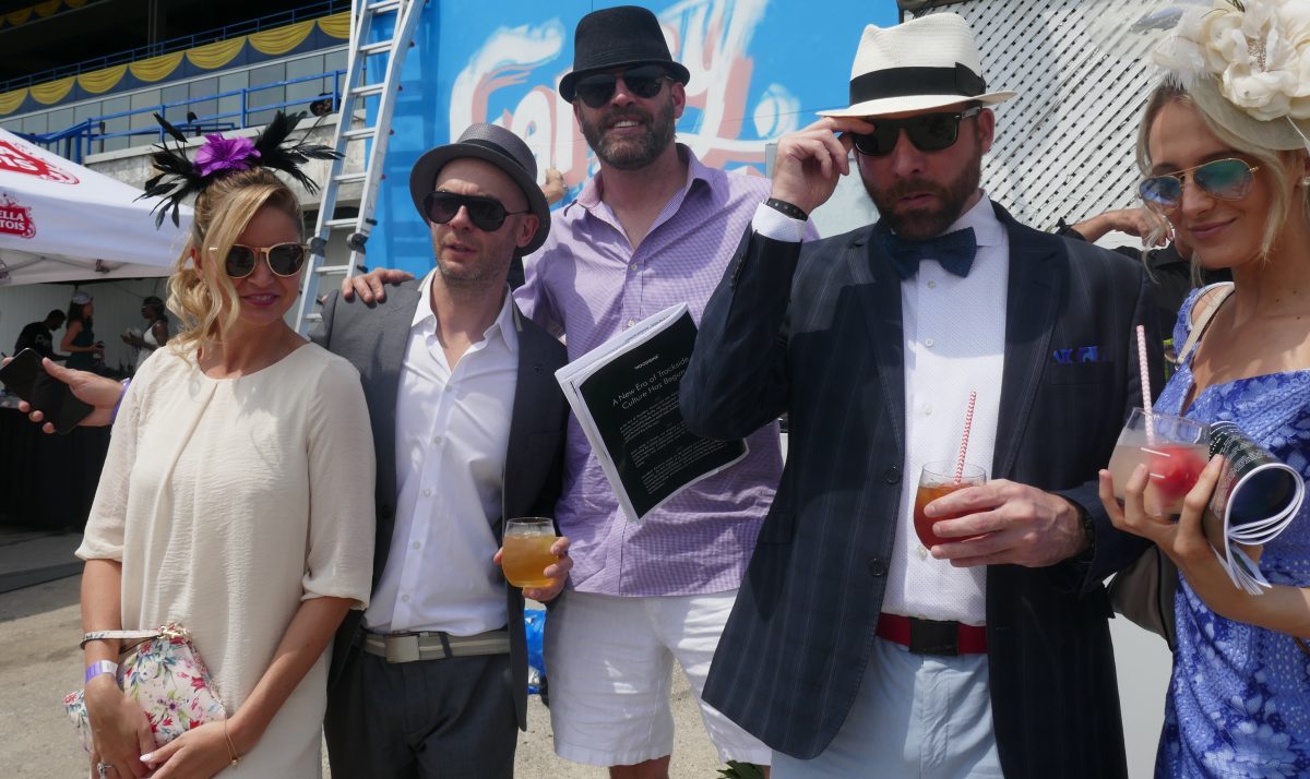 Streetchic, very stylish, high fashion group of horseracing fans at 2018 Greenwood Stakes 
